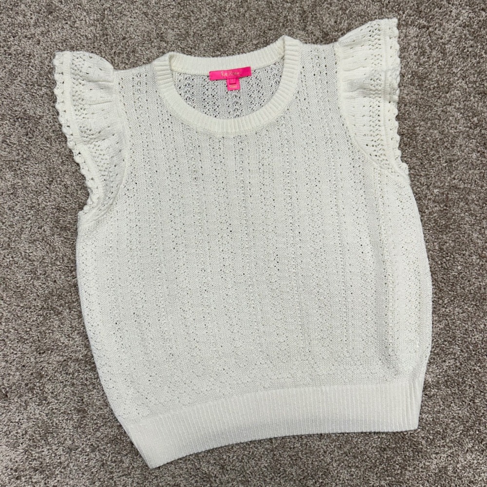 Lilly Pulitzer Joilette Sweater Open Knit Ruffle Sleeve Women Size Large White
